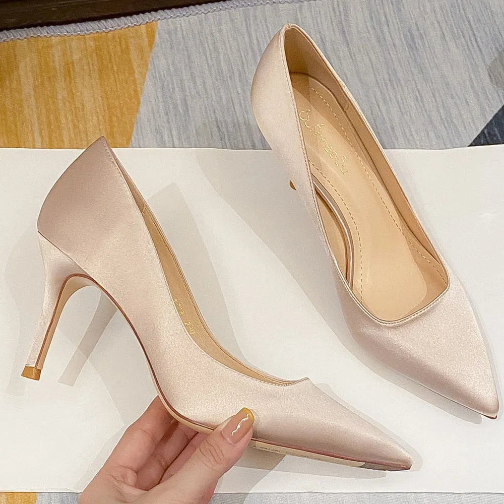 xiangtuibao Elegant New Office Women Pumps Sexy Thin High Heels Woman Dress Wedding Party Shoes Stiletto Red Green Ladies Silk Shoes O0007