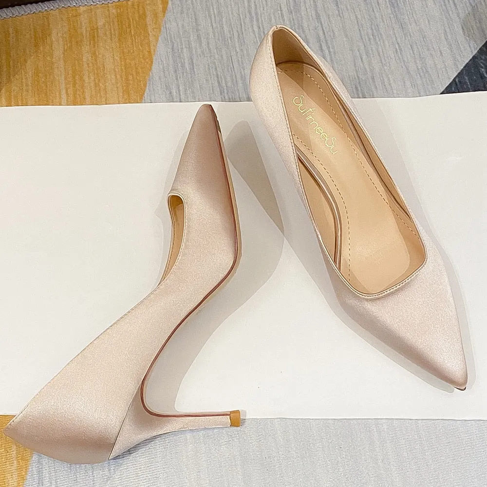 xiangtuibao Elegant New Office Women Pumps Sexy Thin High Heels Woman Dress Wedding Party Shoes Stiletto Red Green Ladies Silk Shoes O0007